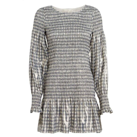 NWT LoveShackFancy Scarlett Gingham Metallic Smocked Dress Silver Size XS - Picture 5 of 12